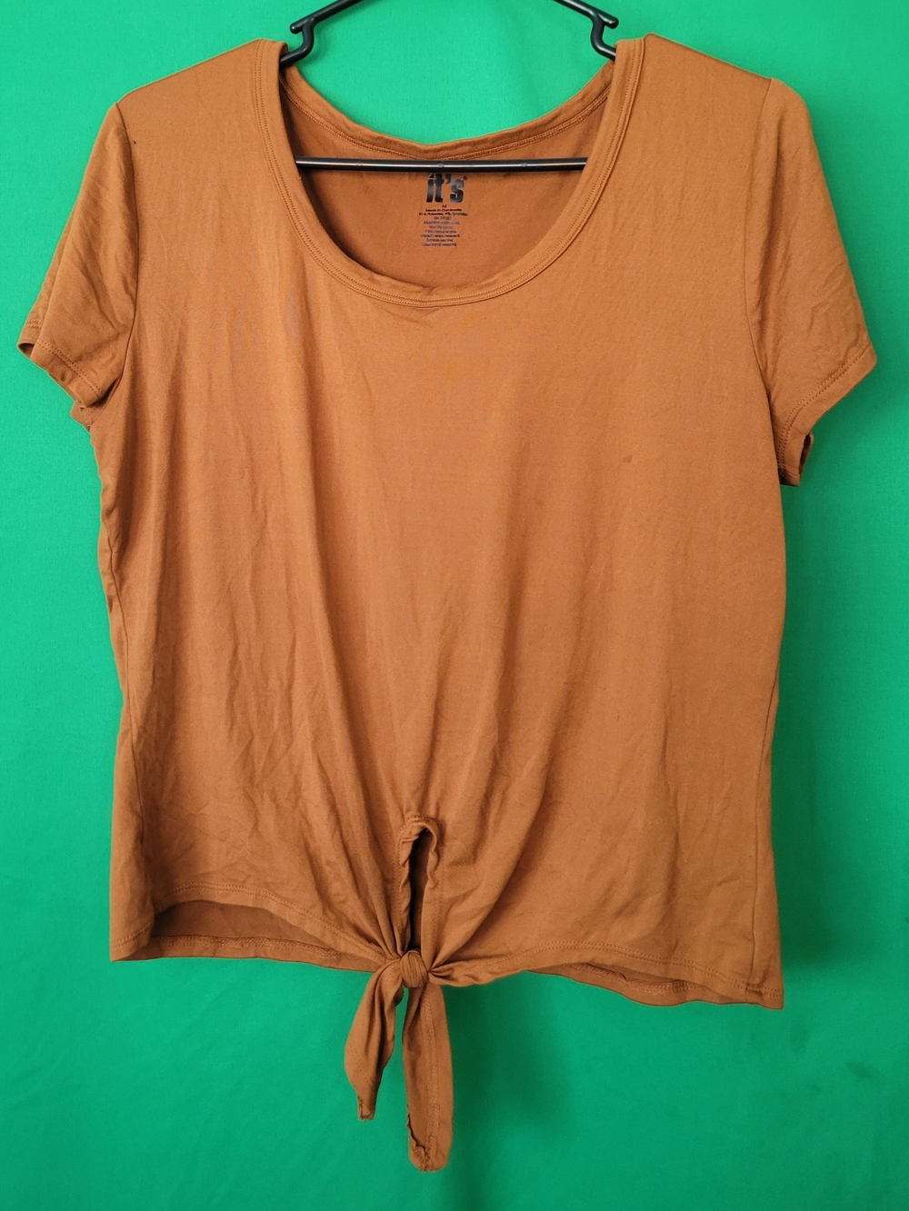 It's Our Time Women SS Tie-Front Blouse Crew Tee Burnt Orange Rust Medium Crop